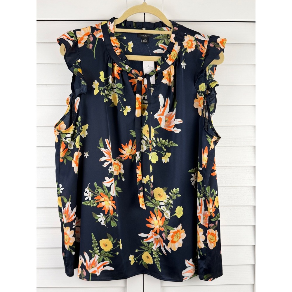 Ann Taylor Blouse XXL Navy Floral Ruffle Tie Neck NEW